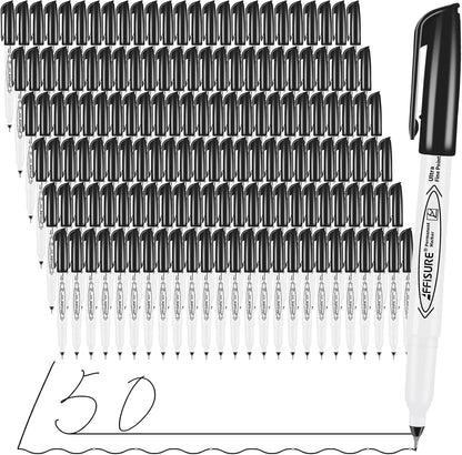 Permanent Markers, Ultra Fine Point, Black, 150 Count, 0.4mm, Fine tip permanent marker set, quick dry, waterproof, fading resists, durable, marks on paper, glass, ceramic, plastic, wood, rock, metal