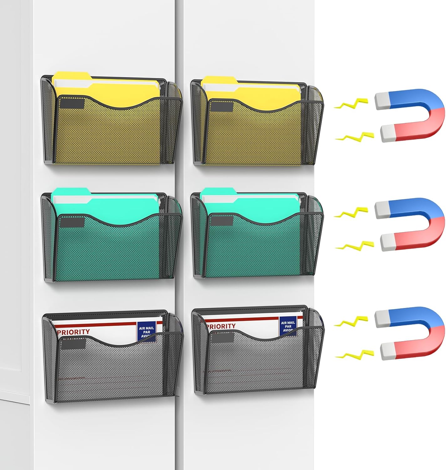 samstar 6 Pack Mesh Wall Mounted File Holder Metal Wall File Pocket Mail Organizer for Office/Home(with Label Panel)