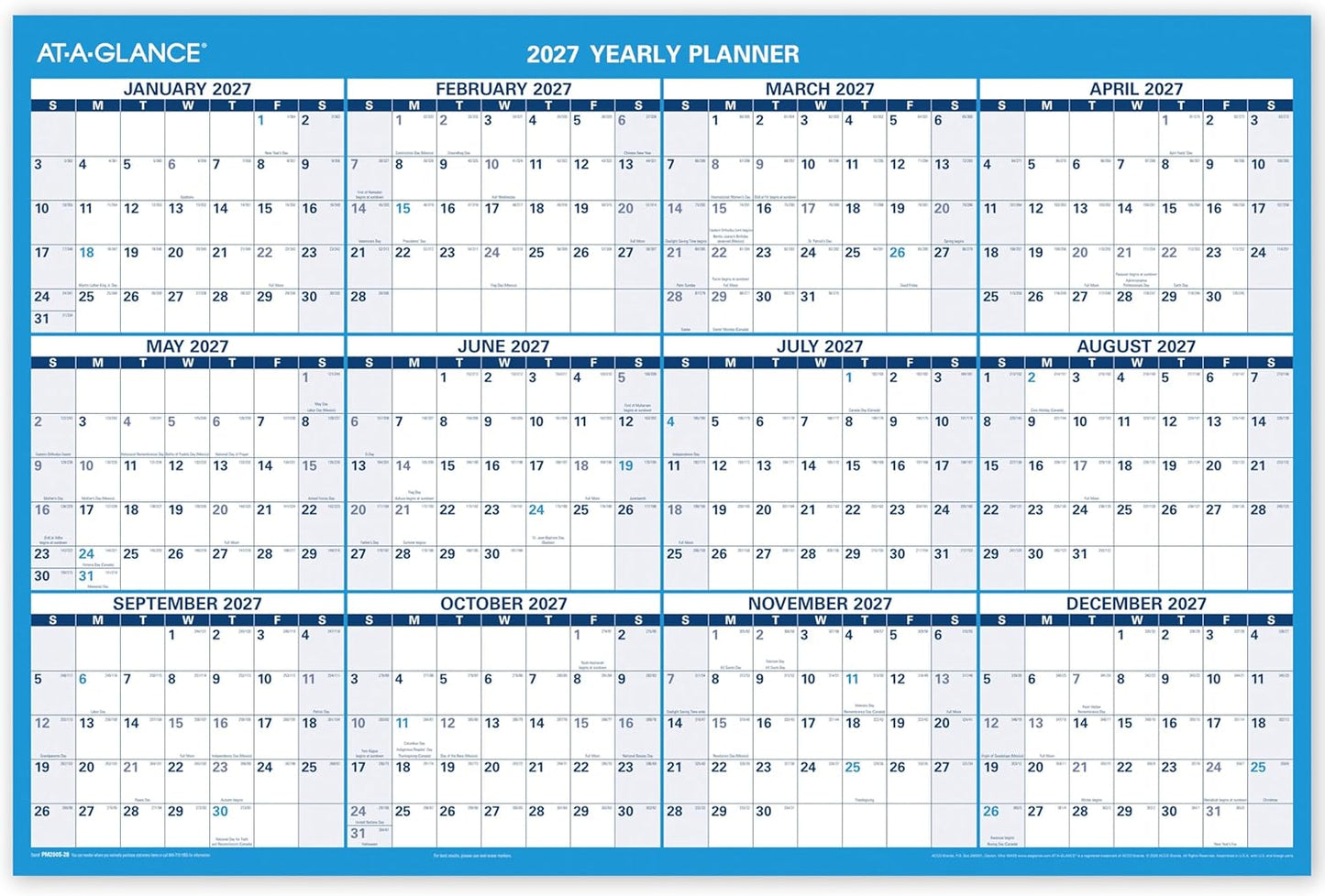 AT-A-GLANCE Dry Erase Calendar 2026-2027 Academic & Regular Year Wall Planner, 12-Month, 24" x 36", Double Sided, Vertical (PM210S28)