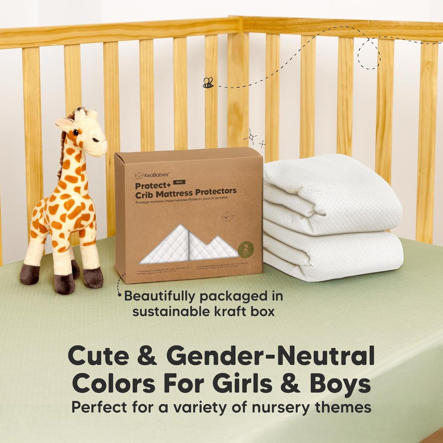 2-Pack Waterproof Crib Mattress Protector Cover Fitted - Quiet Baby Crib Mattress Pad Sheets, 52" x 28" Soft Quilted Cotton Baby Sheet, Machine Washable, Easy Fit, Durable (Soft White/Mavy)