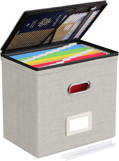 Oterri 2 Pack File Organizer Boxes with Lids, File Box with Mesh Pockets, Document Organizer Box for File Folders Letter Size, Zippers Filing Box for Home, Office, School (Green, Without Folders)
