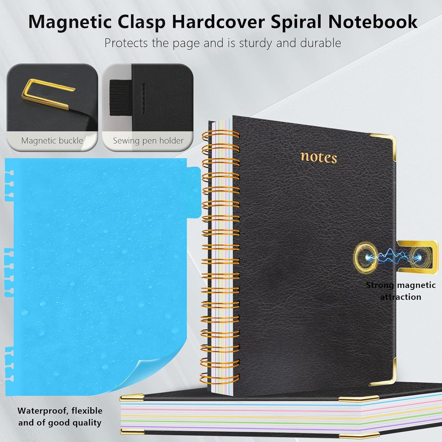 Hardcover Spiral Notebook College Ruled, 8"x10" Leather Journal Notebook with Magnetic Closure, 300 Pages 5 Subject Notebook with Dividers Tabs Journal for Women Men, Work, School(Rose Red)
