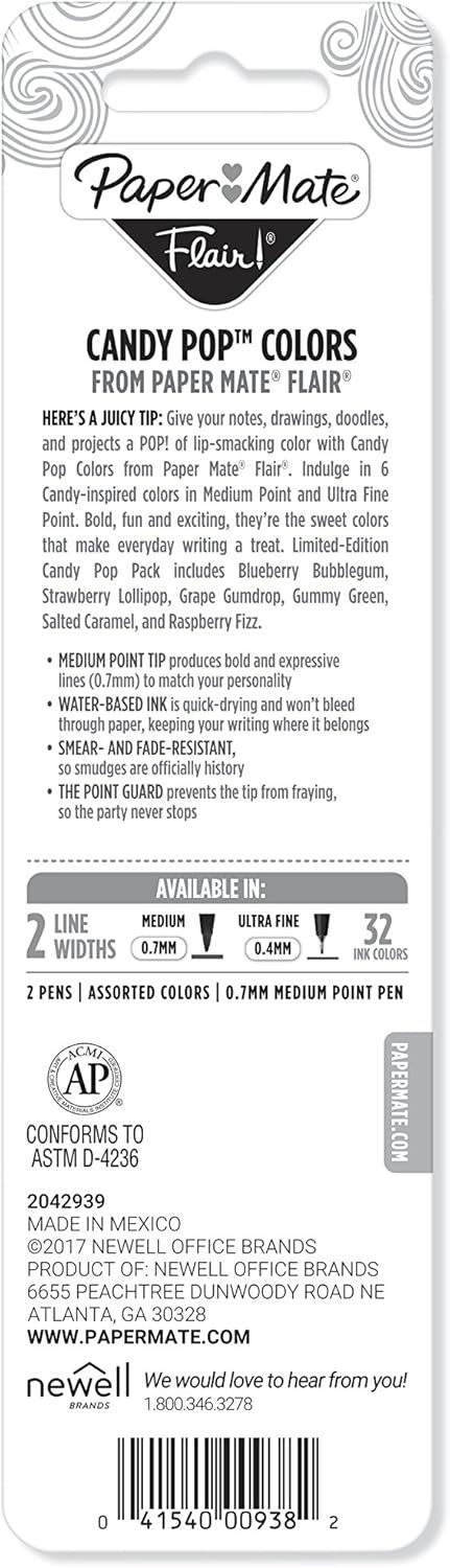 Paper Mate Flair Felt Tip Pens, Medium Point (0.7mm), Limited Edition Candy Pop Pack, 6 Count
