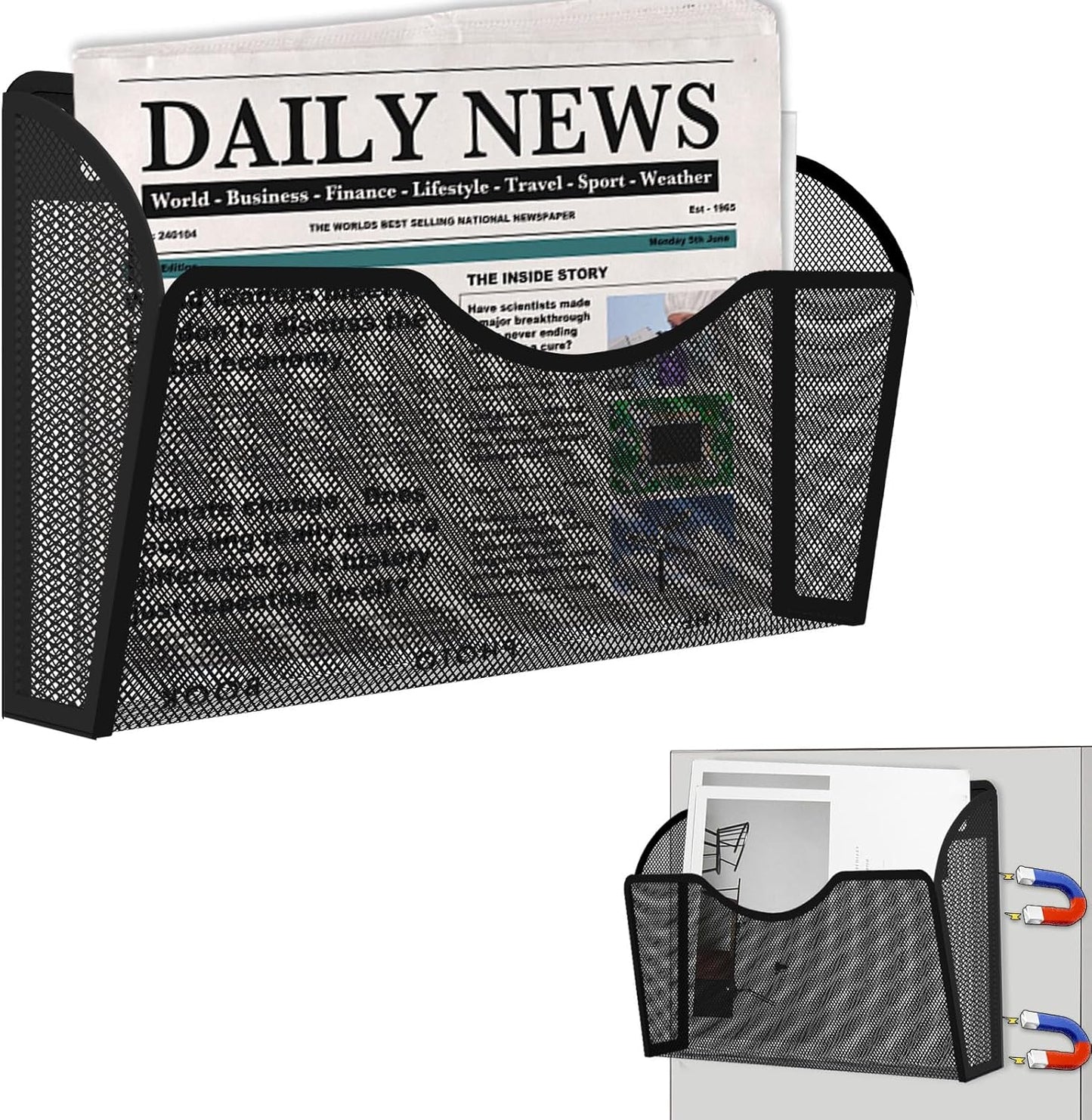 Magnetic File Holder 3PCS Wall File Folder Organizer, No Drilling Hanging Magazine Rack for Refrigerator, Document Paper Mail Folder Holders Office File Magnetic Organizer (Black)