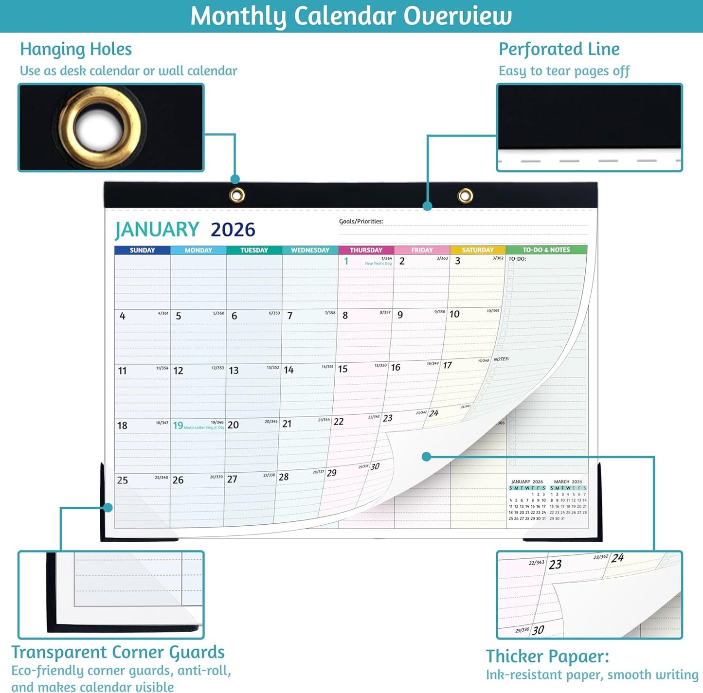 2026-2027 Desk Calendar – Run Now to MAR. 2027, 18 Monthly Desk Calendar 2026-2027 Large, 17'' x 12'', Best Desk/Wall Calendar 2026 with To-do Lists, Desk Pad, Ruled Blocks, Corner Protectors