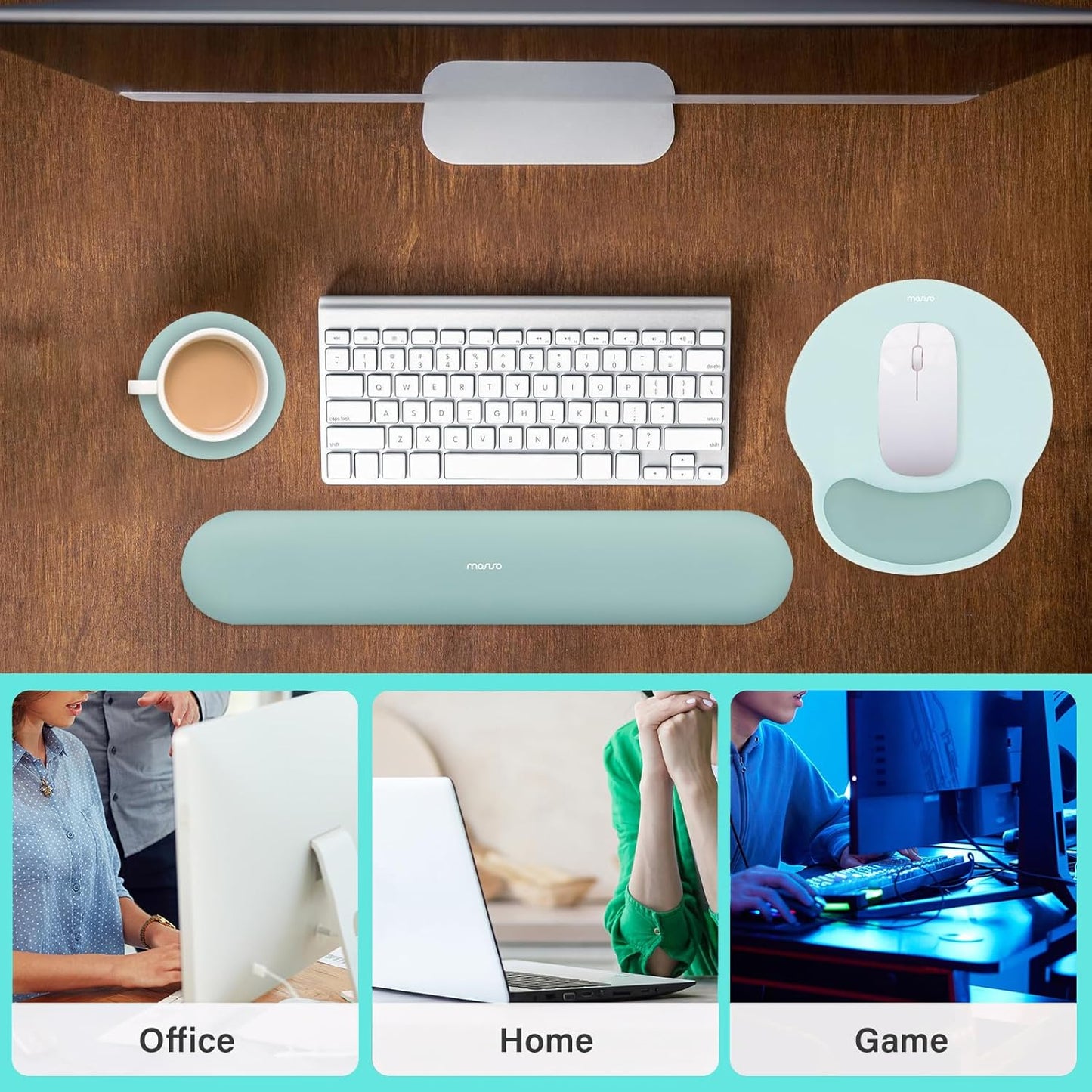 MOSISO Wrist Rest Support for Mouse Pad&Keyboard Set, Circle Curved Ergonomic Mousepad&Coaster Non-Slip Base Home/Office Pain Relief&Easy Typing Pad with Soft Cloth&Silicone Lining, Antique Green