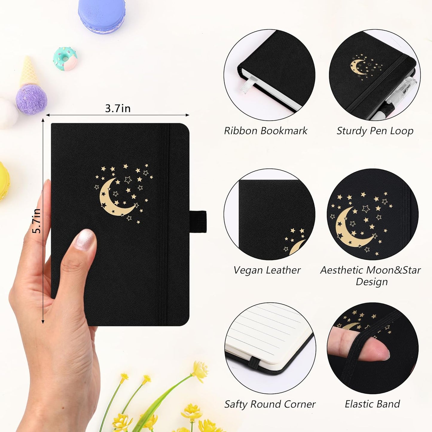 BOBO RABBIT 3 Pack Pocket Small Notebooks Total 600 Pages A6 Moon Star Aesthetic Mini Compact Journal Notebook For Note Taking Journaling Hardcover Leather College Ruled Lined Note Pads for Women Men Travel Office School