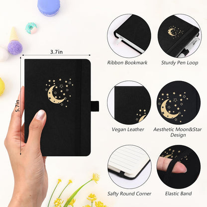 BOBO RABBIT 3 Pack Pocket Small Notebooks Total 600 Pages A6 Moon Star Aesthetic Mini Compact Journal Notebook For Note Taking Journaling Hardcover Leather College Ruled Lined Note Pads for Women Men Travel Office School