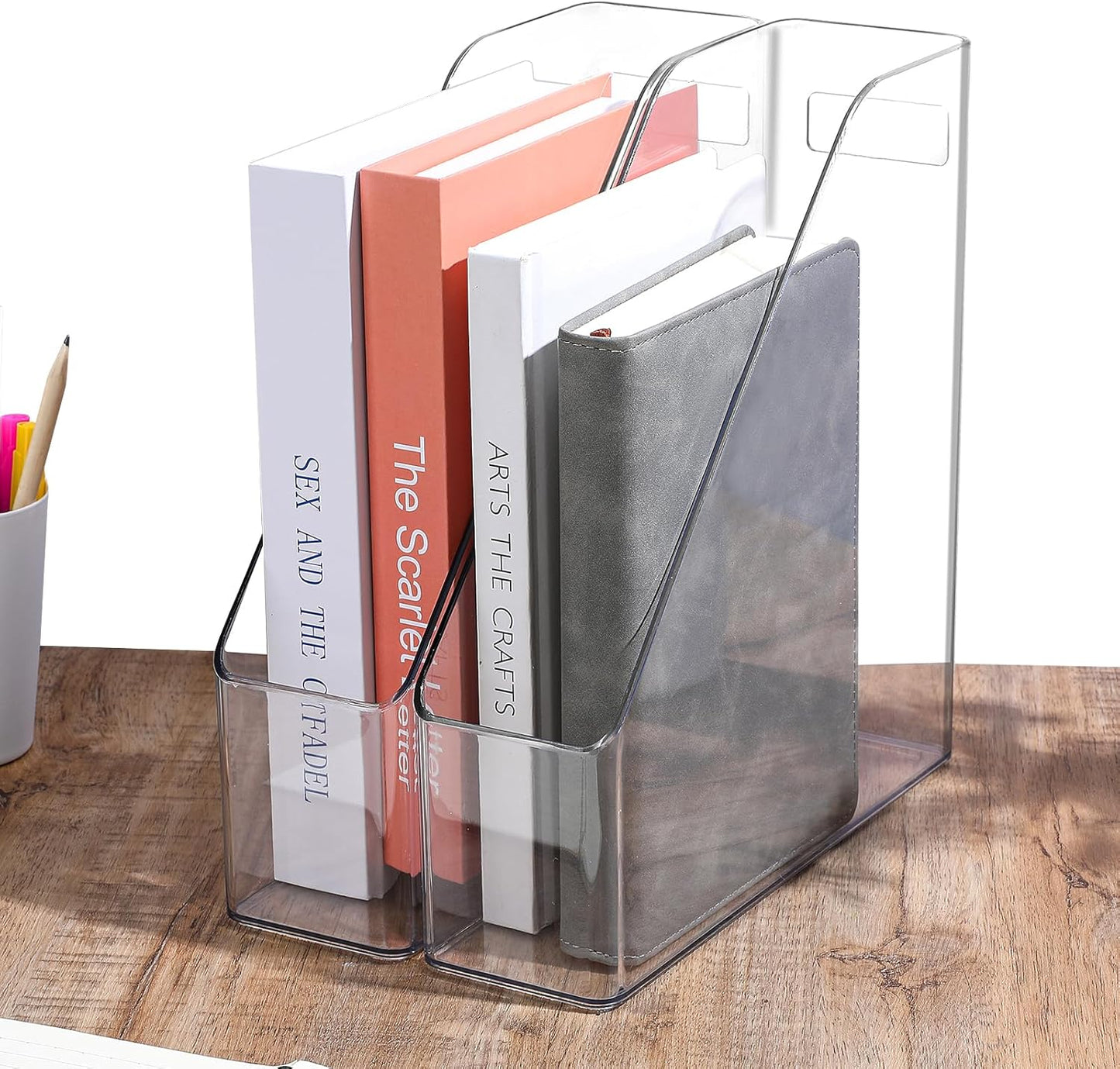 MAQUITA Magazine Holder, 2 Pack Acrylic Magazine File Holder,A4 Vertical File Organizer with Handle for Desk,Clear Document Rack File Folder Storage Bin
