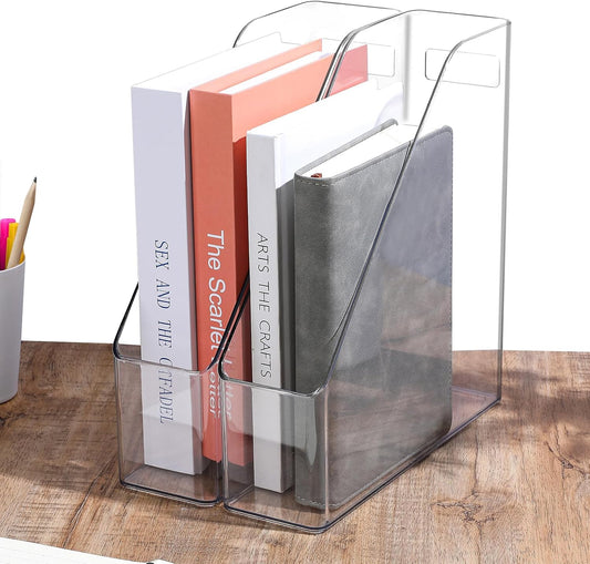 MAQUITA Magazine Holder, 2 Pack Acrylic Magazine File Holder,A4 Vertical File Organizer with Handle for Desk,Clear Document Rack File Folder Storage Bin