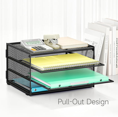 Lavatino 3-Tier Letter Tray Desk Organizer, Mesh Metal Paper File Tray Organizer for Desk, Office Supplies & Home Organization, Fits A4 Paper, Mail, Magazines & Office Accessories (Black with Handle)