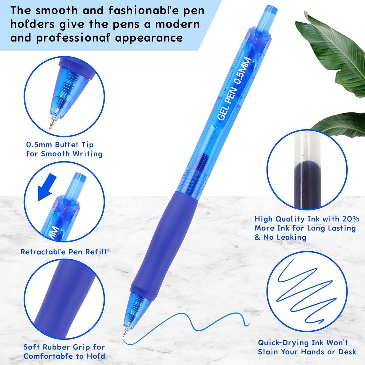 USUAL Gel Pens 0.5 mm,12 Pack Retractable Black Ink Pen Fine Point Rollerball Pens,Quick Dry Smooth Writing,No Bleed for Journaling Note Taking, Home School Office Supplies
