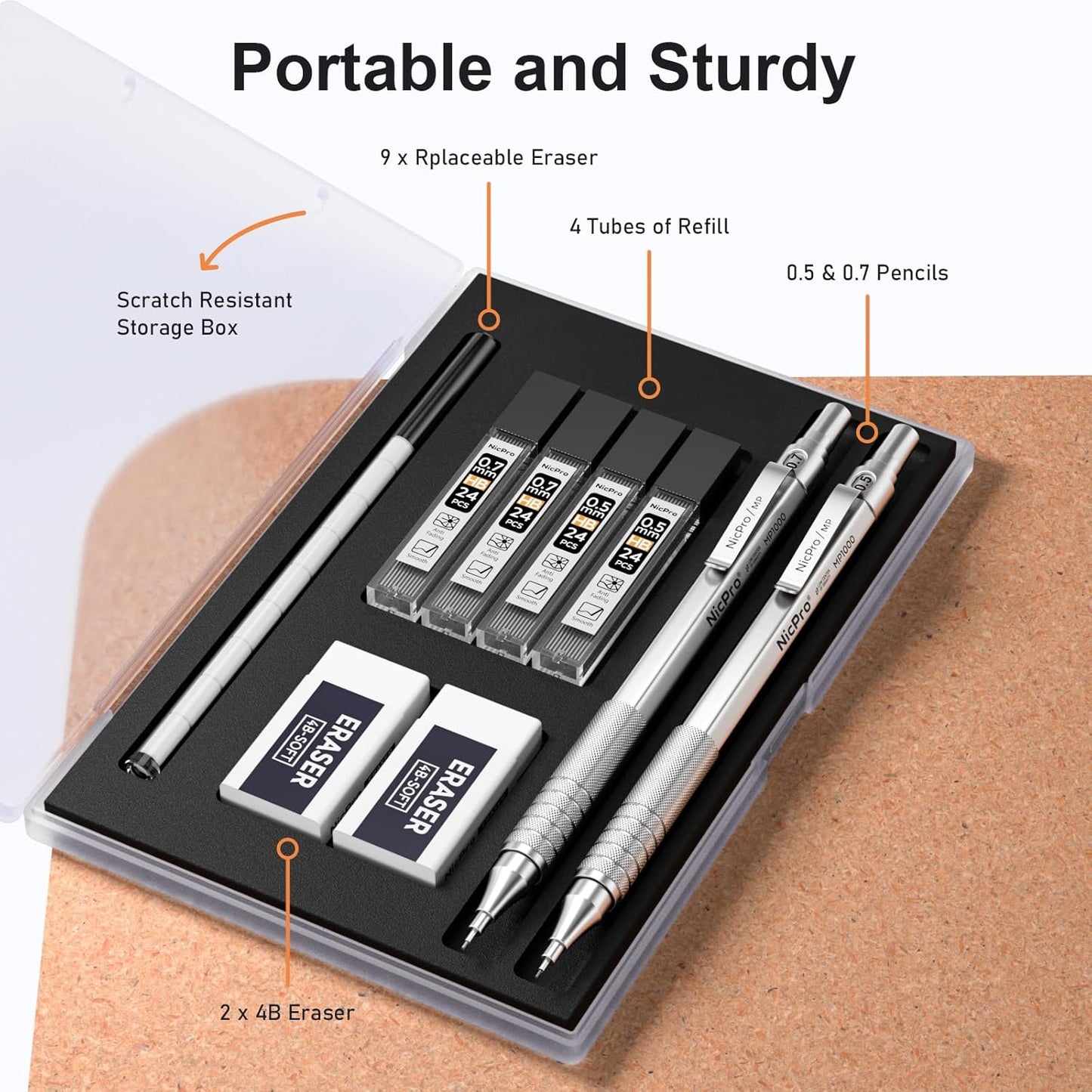 Nicpro 2 PCS Mechanical Pencils 0.5mm & 0.7 mm with Case, MP1000 Metal Artist Pencil Set with 4 Tubes HB Lead Refills, 2 Erasers, 9 Eraser Refills For Art Writing Drafting Drawing, Black & Silver