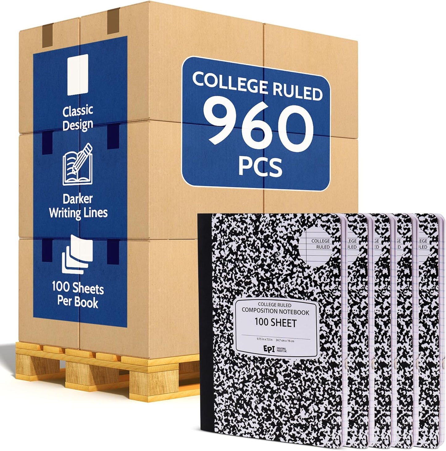48 Pack - EPI Marble Hardcover Wide Ruled Composition Notebook | 200 Pages (100 Sheets), 9.75 x 7.5 in, Sturdy Sewn Binding | School, Office, Journaling, Notes