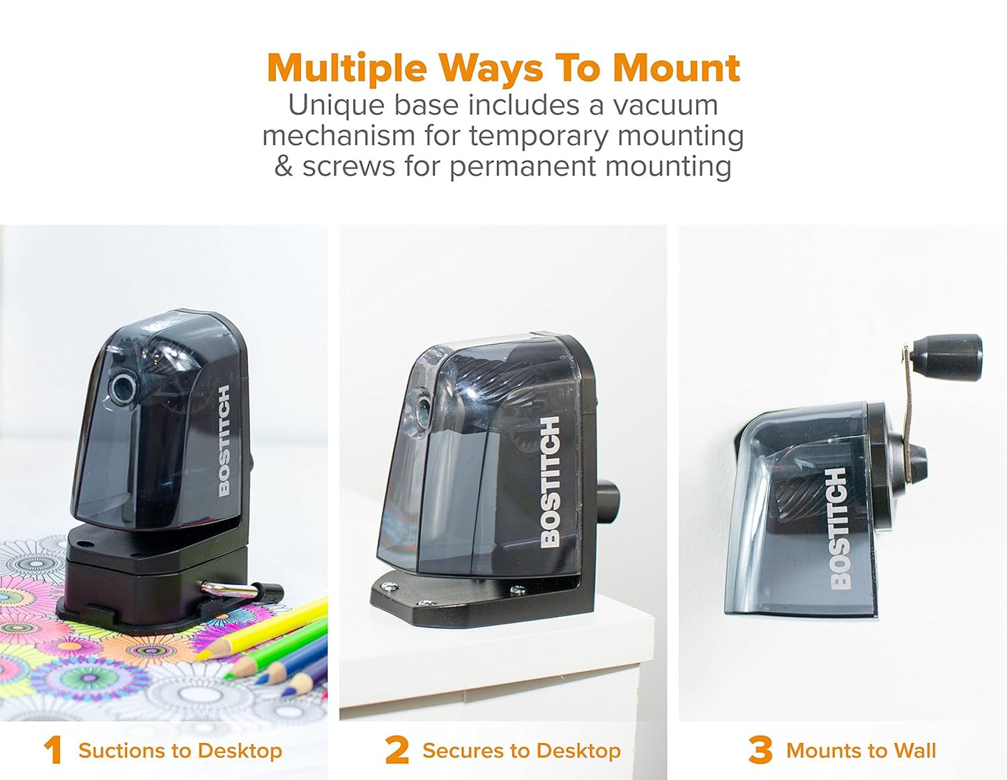 Bostitch Office Multi-Mount Manual Pencil Sharpener, Vacuum Mount or Screw Mount, Black (MPS2-BLK)