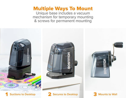 Bostitch Office Multi-Mount Manual Pencil Sharpener, Vacuum Mount or Screw Mount, Black (MPS2-BLK)