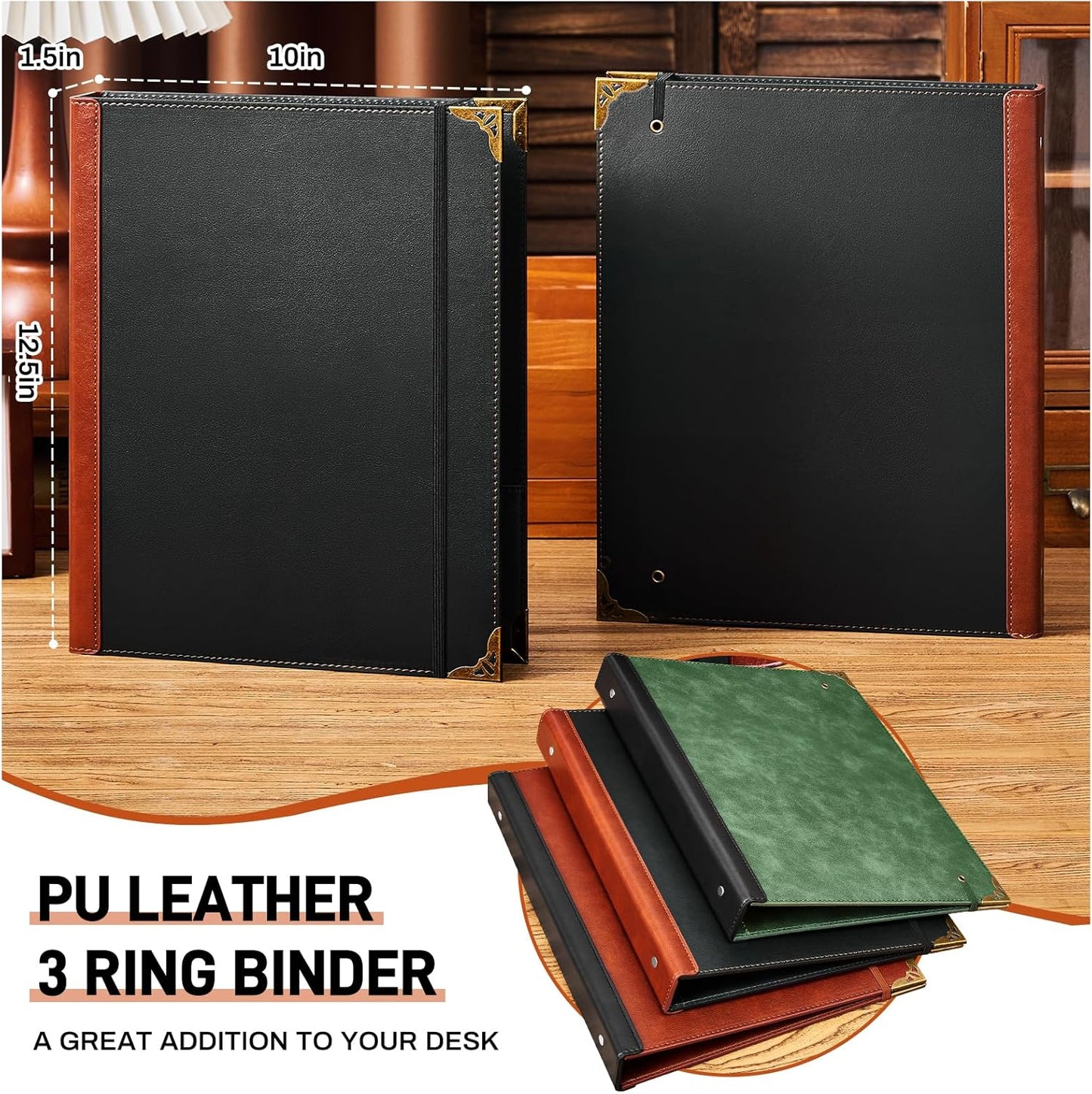 Ovesmusl Leather 3 Ring Binder 1 Inch Round Ring Binder Fits 200 Sheets 8.5"x11" Letter Size Paper, Wedding Family History Notebook Cover Loose Leaf Organizer, Brown