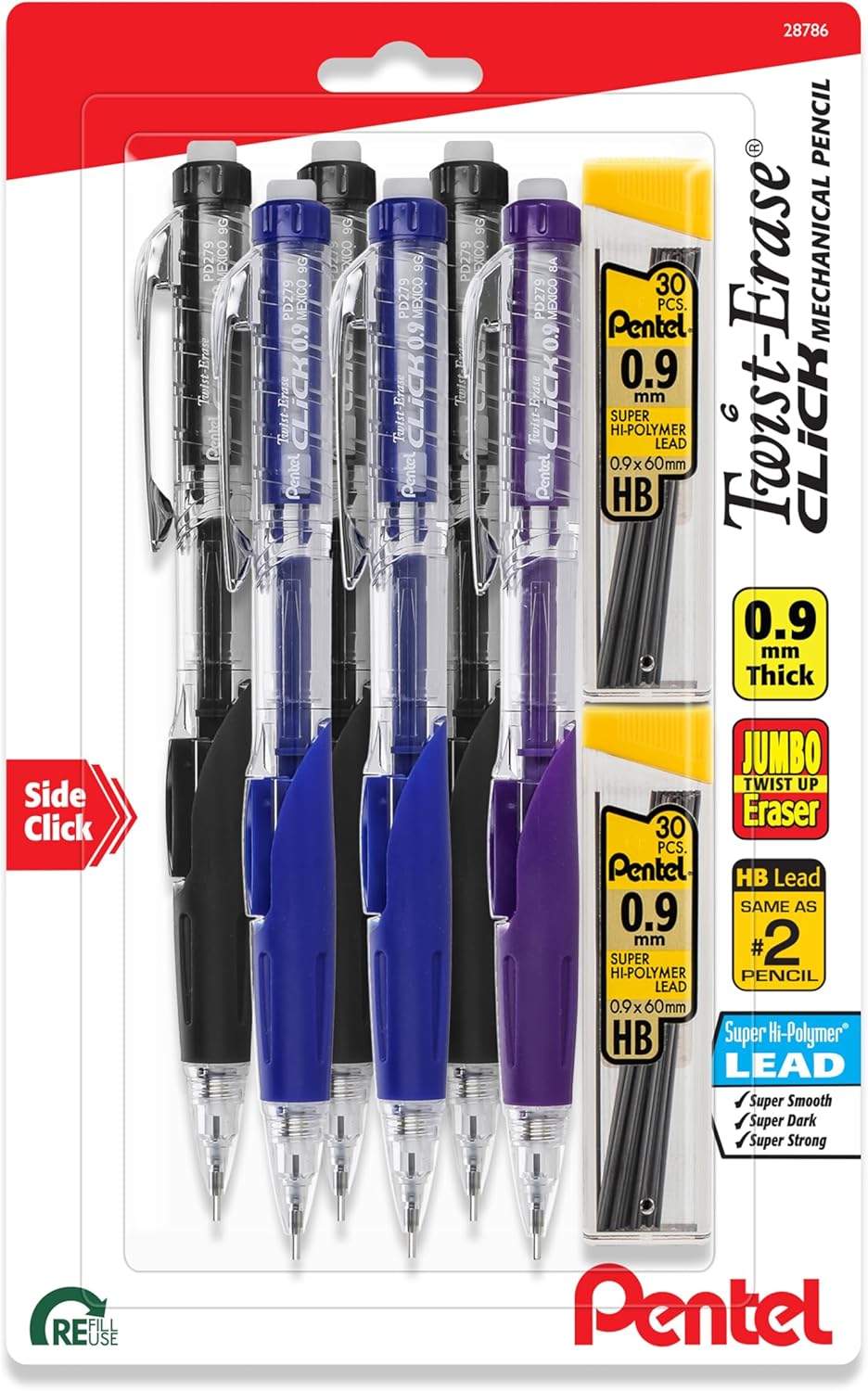 Pentel Twist-Erase Click Mechanical Pencil (0.7mm), Pack of 6 Pencils with 2 Pack of Lead Refills (PD277TLBPS6M)