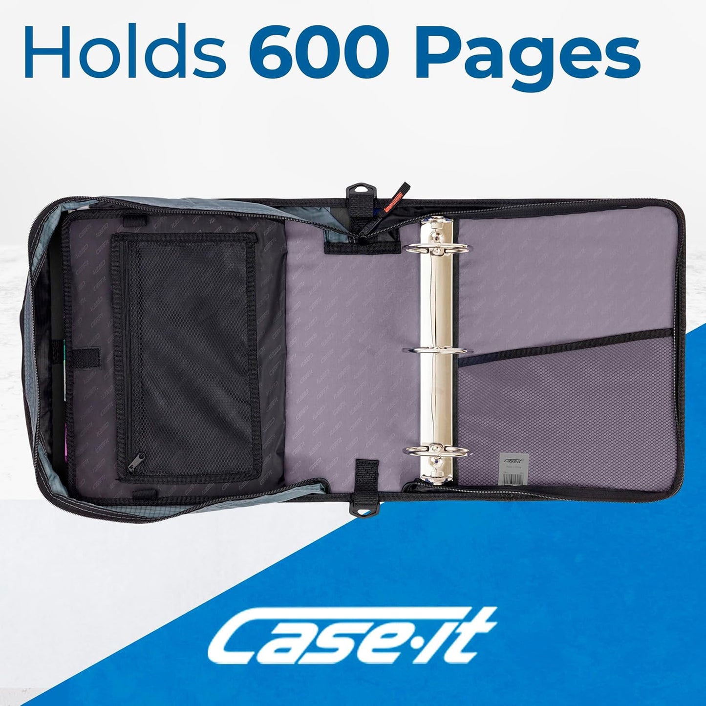 Case-it Mighty Zip Tab School Zipper Binder | 3-Inch O-Rings, 600-Sheet Capacity, 5-Subject Expanding File Folder, Multiple Pockets & Storage Organizer, Shoulder Strap | D-146 Jet Black