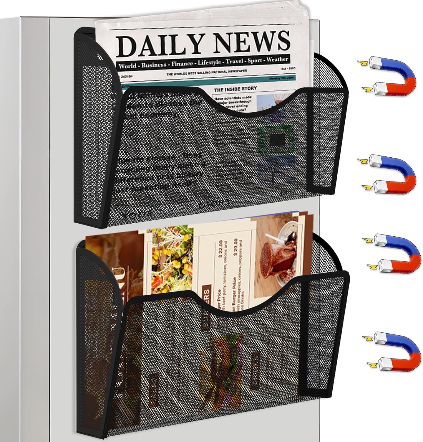 Magnetic File Holder 3PCS Wall File Folder Organizer, No Drilling Hanging Magazine Rack for Refrigerator, Document Paper Mail Folder Holders Office File Magnetic Organizer (Black)