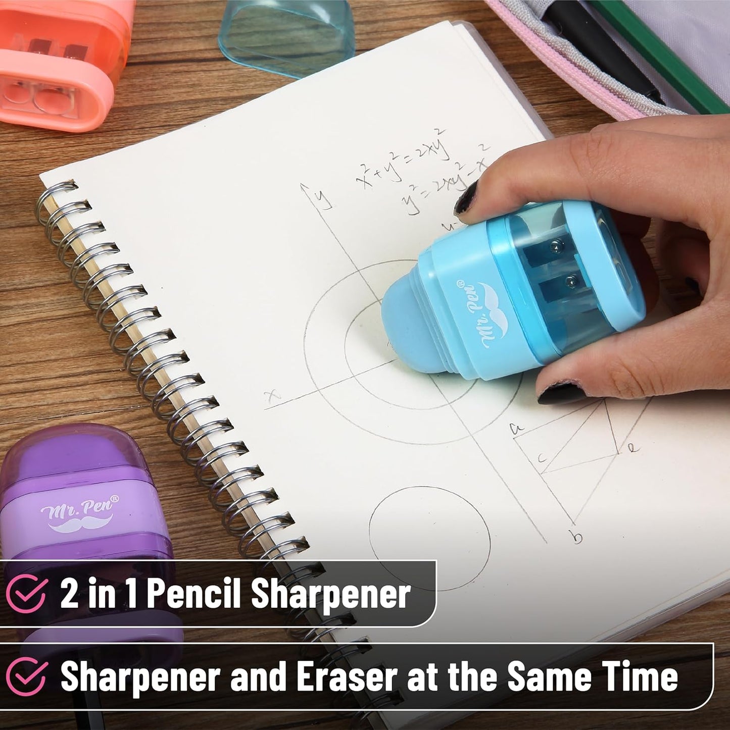 Mr. Pen- Pencil Sharpener & Eraser, 4 Pack, 2-in-1 Manual Sharpeners with Canister, 2 Sharpening Holes for Standard & Jumbo Pencils, Colorful Dual Hole Design for School, Office, Home, Kids