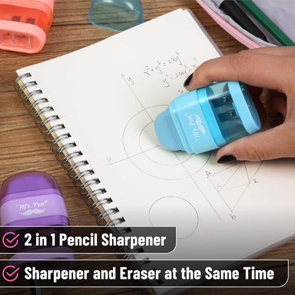 Mr. Pen- Pencil Sharpener & Eraser, 4 Pack, 2-in-1 Manual Sharpeners with Canister, 2 Sharpening Holes for Standard & Jumbo Pencils, Colorful Dual Hole Design for School, Office, Home, Kids