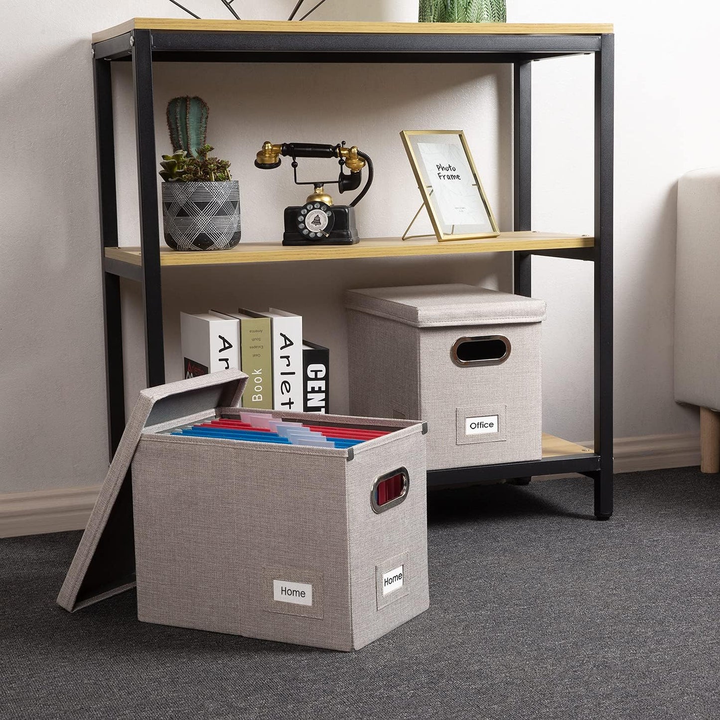 PRANDOM File Organizer Box - Collapsible Decorative Linen Filing Storage with Lids for Letter Size - Grey (14x9.3x10.8 inch)