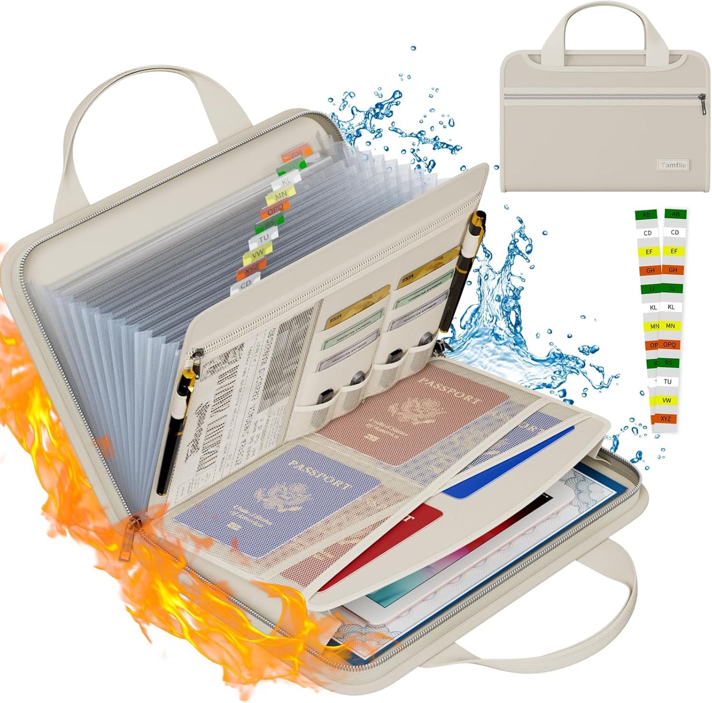Tamfile Fireproof Accordion File Organizer with Handle, 13 Pocket Transparent Expanding File Folder with Zipper & Labels, File Folder with Multi-Pockets Paper Organizer Folder for Letter A4 Files