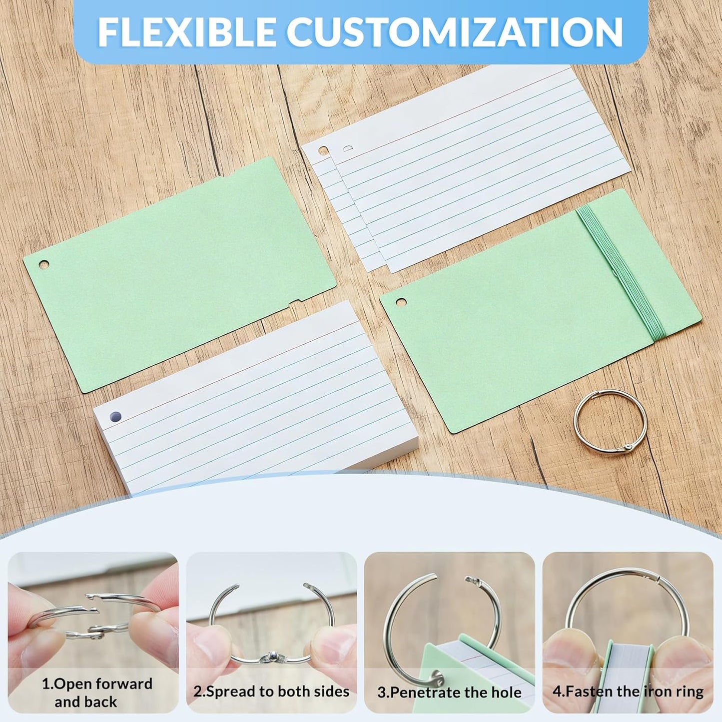 NEEWAY Ruled Index Cards with Ring 3x5 Inches, 200 Count Note Cards Lined, Flash Cards with Rings for Studying, Home and Office (Black)