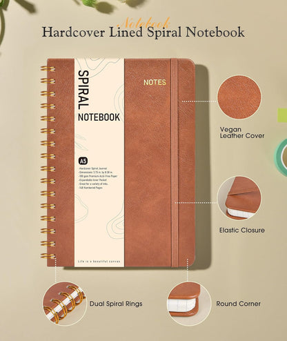 Lined Spiral Journal Notebook, A5 Hardcover Spiral Journals for Women Men, 150 Numbered Pages Spiral Bound Notebook, 100 GSM College Ruled Notebooks for Work, Note Taking 5.75" x 8.38", Olive Green