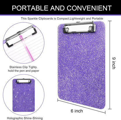 SFLHHDM 1 Pcs Clear Glitter Clipboards, Plastic Clipboard with Pen Holder, Size 8.85 x 12.4 in Shiny Clipboards with Low Profile Clip, Cute Hanging Clipboard for Office School Sparkly Clip Board-Pink
