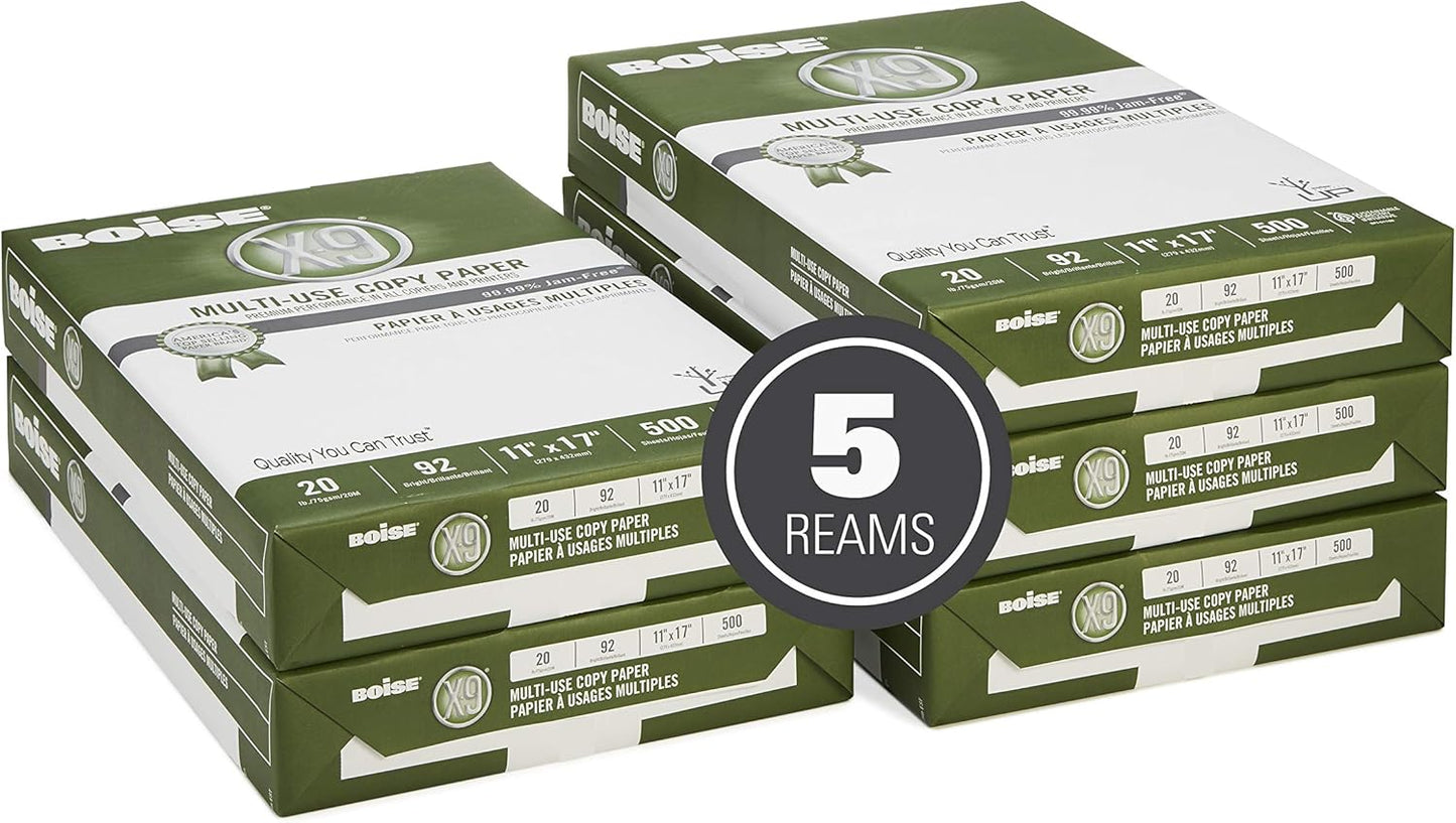 Boise X-9 Multi-Use Printer & Copy Paper, 5 Reams, White, Ledger (11in x 17in), 2500 Sheets Per Case, 20 Lb, 92 Brightness