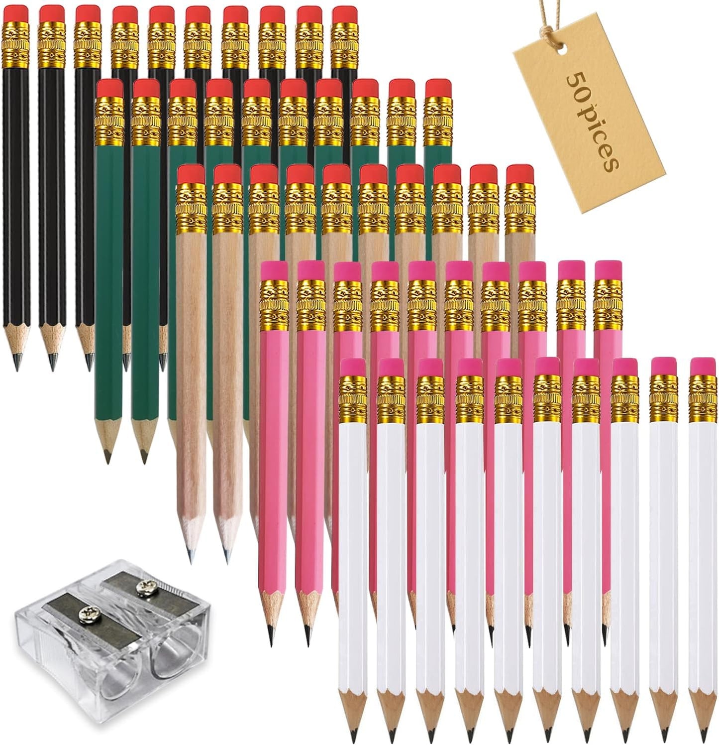 Adhere 25pcs Golf Pencils with Eraser Pre sharpened Hexagon half Wooden Pencils Graphite 2B for Golf Event Scoring,Classroom,Wedding,Company Meetings,Pew, Pocket (Nature)