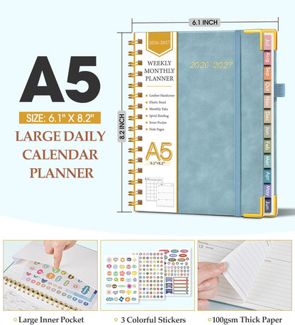 2026 Planner, Weekly and Monthly Calendar Planner from January 2026 - December 2026, 8.5" x 11" Hardcover Leather Hourly Appointment Book with Tabs, Spiral Daily Planners for School Work Home, Green