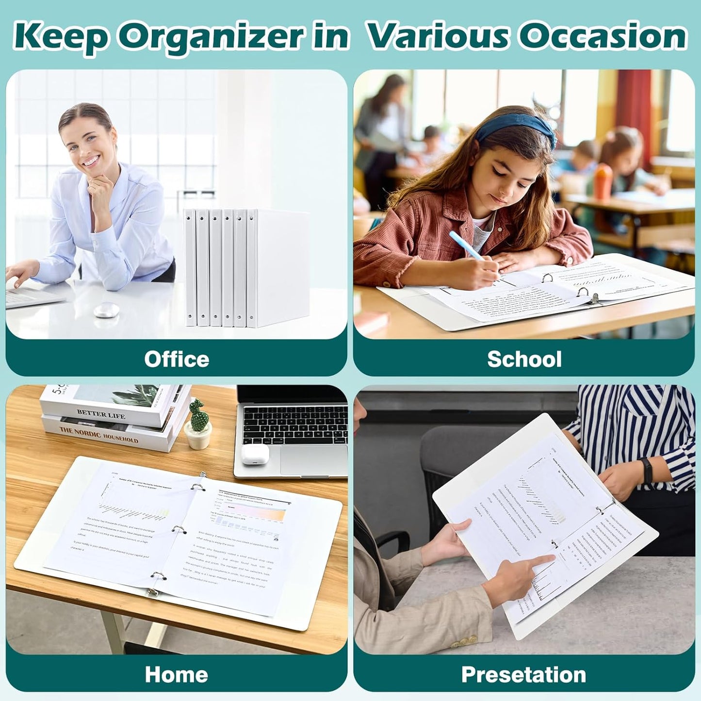Heture 3 Ring Binder 1 Inch 12 Pack, 1" Clear View with Round Rings, PVC-Free,Holds for 200 Sheets 8.5“ x 11" US Letter Size Paper, Durable White Binders Perfect for Office,School and Home