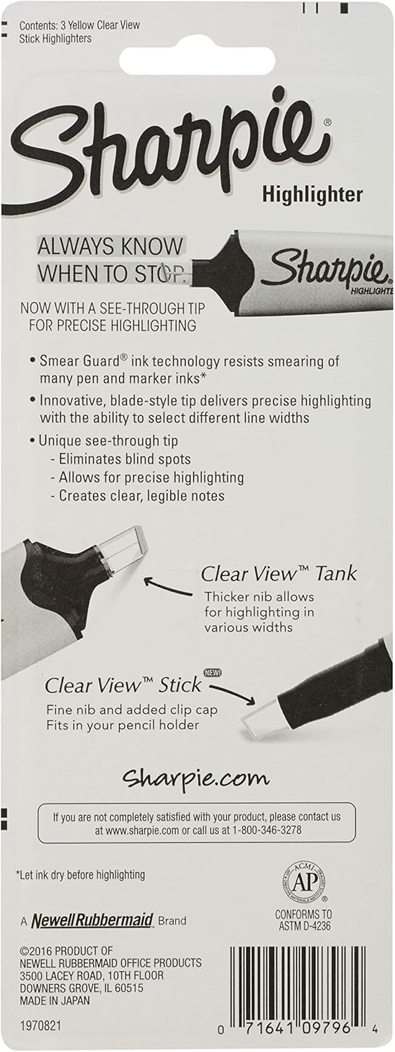 Sharpie Clear View Highlighter Stick, Yellow, 3/Pack (1950745)