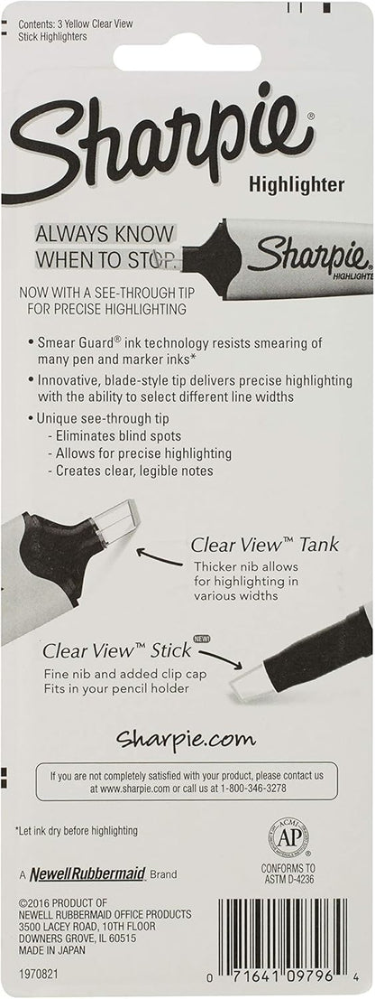 Sharpie Clear View Highlighter Stick, Yellow, 3/Pack (1950745)