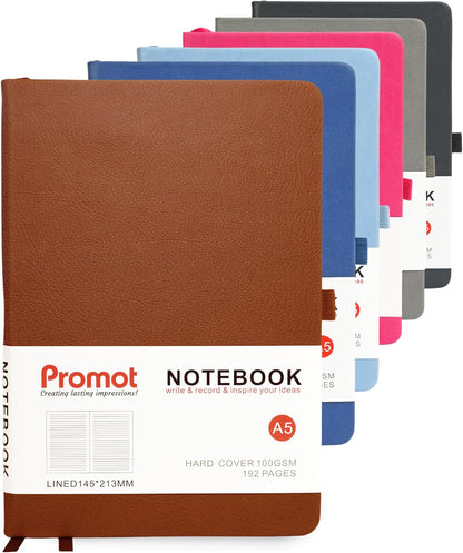 Promot Ruled Journal Notebook - A5 Brown 192 Lined Pages 8.2 x 5.5 Inch - Hardcover Leather Notebook for Writing - 100 GSM Thick Paper, PU Leather, Pen Loop, Inner Pocket, Elastic Band