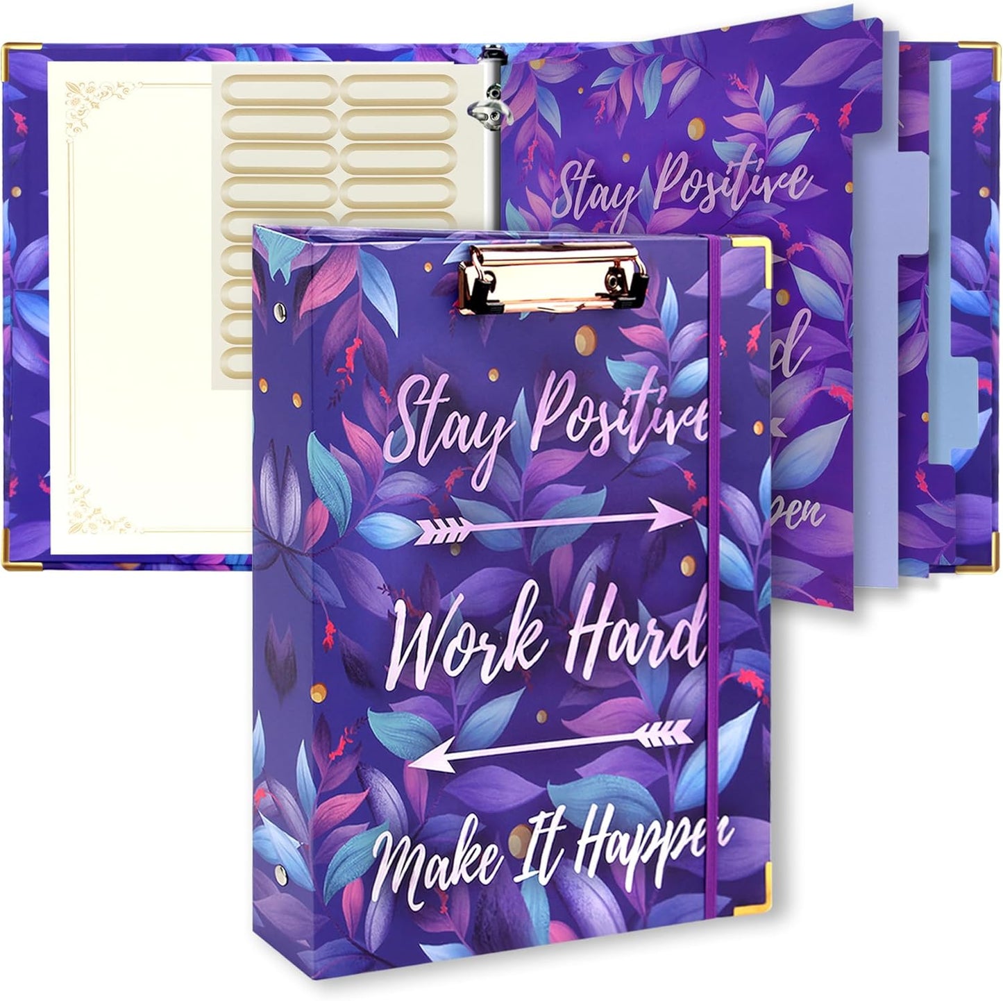 3 Ring Binder with Clipboard, 2 Pockets Purple 3 Ring Binder (11" x 8.6") Folders with Tab Dividers for Women School Office Supplies Portfolio