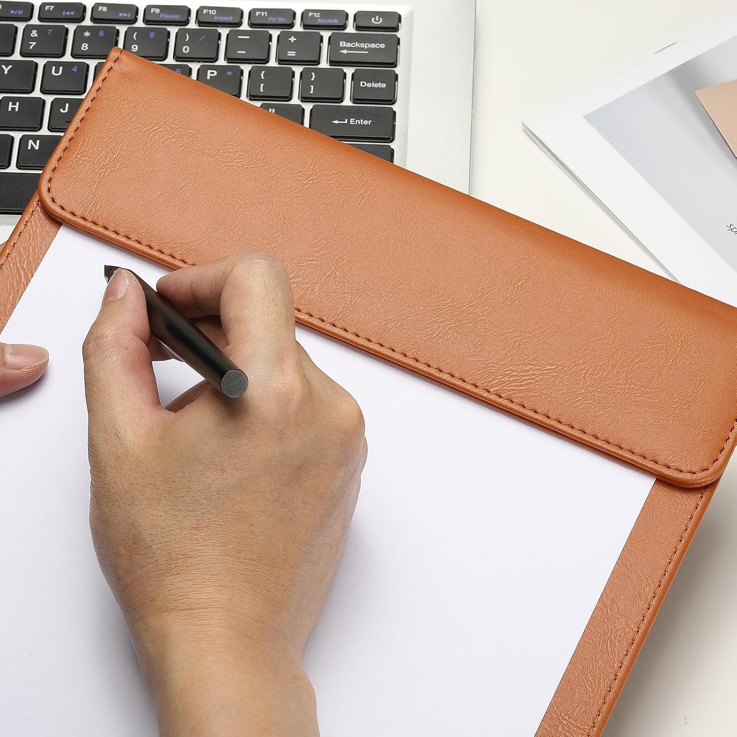 PATIKIL A4 Letter Size PU Leather Clipboard, 9.5"x13.5" Business Magnetic Padfolio with Pen Holder Organizer Office Folder Writing Board Style 2, Black