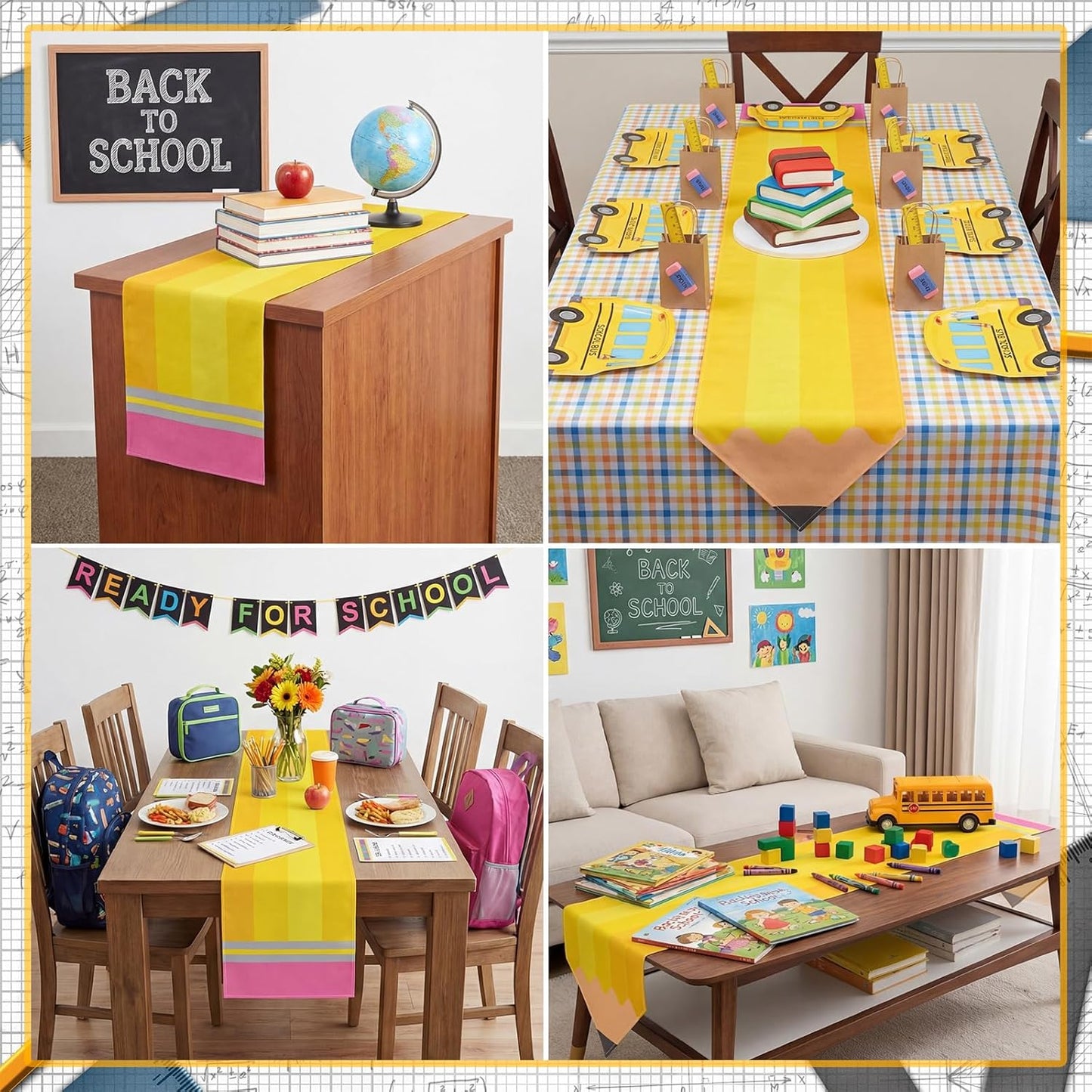 Breling 4 Pcs Preschool Graduation Decorations Table Runner Kindergarten Graduation Tablecloth Composition Pencil Crayon Ruler Notebook Table Runner for School Dining Room Classroom Party Decoration