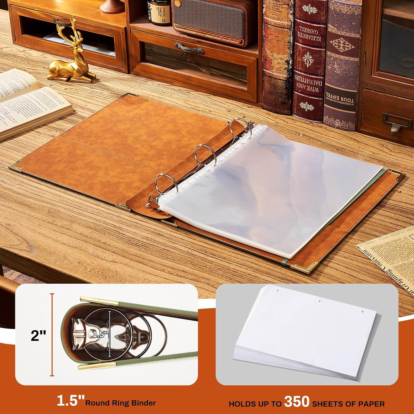 Ovesmusl Leather 3 Ring Binder Fits 8.5"x11" Letter Size Paper, 1 Inch Round Ring Binder Holds 200 Sheets, Notebook Cover Loose Leaf Organizer, Green Tree