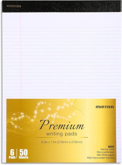 Mintra Office White Legal Pads – Ruled Notepads and Micro-Perforated Sheets, Ideal for Writing, Note-Taking & Creativity, Office, or Professional Use, Basic Pad 6 pack, 8.5"x11" (Narrow Ruled)