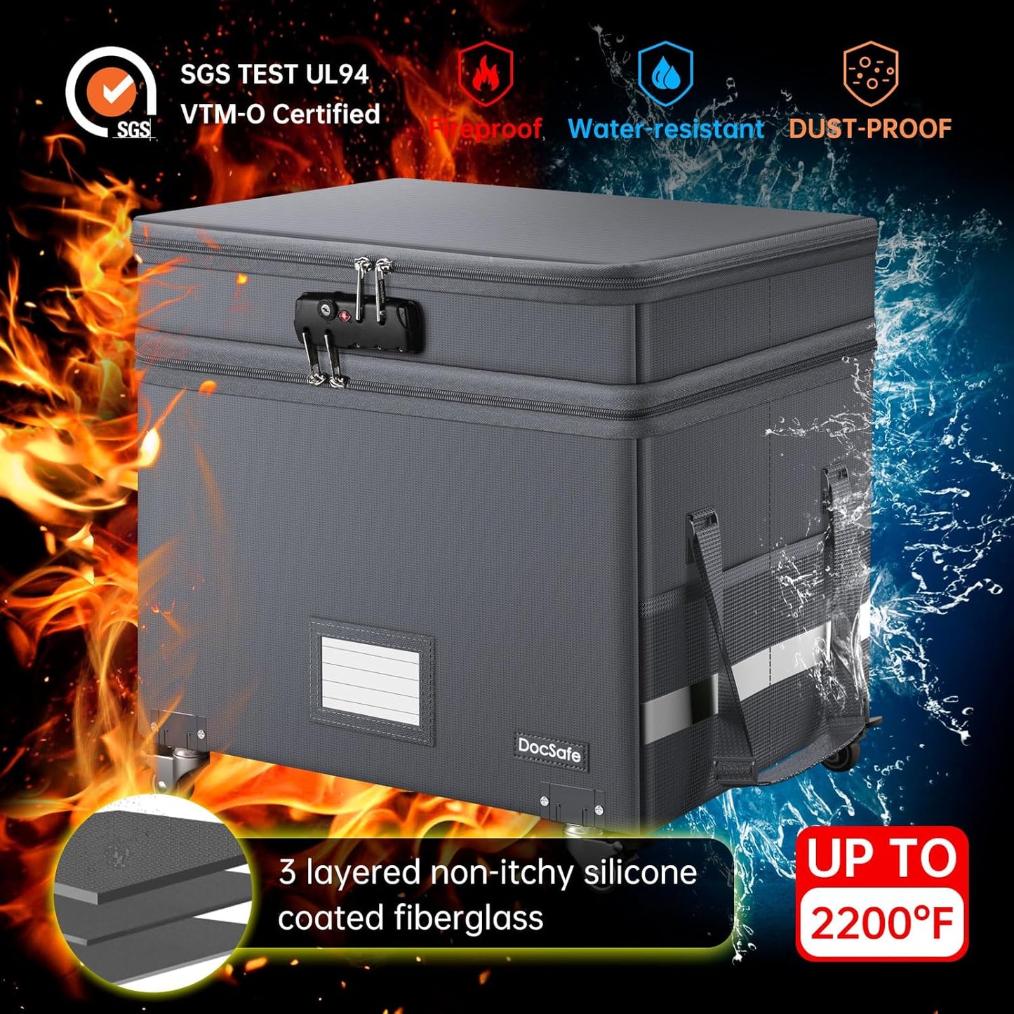 DocSafe Fireproof Document Box with Lock,2-Layer File Box with Wheels,Collapsible File Storage Organizer with Pockets,Large Portable Home Filing Cabinet for Hanging Folders,Black,16''x13.8''x12.2''