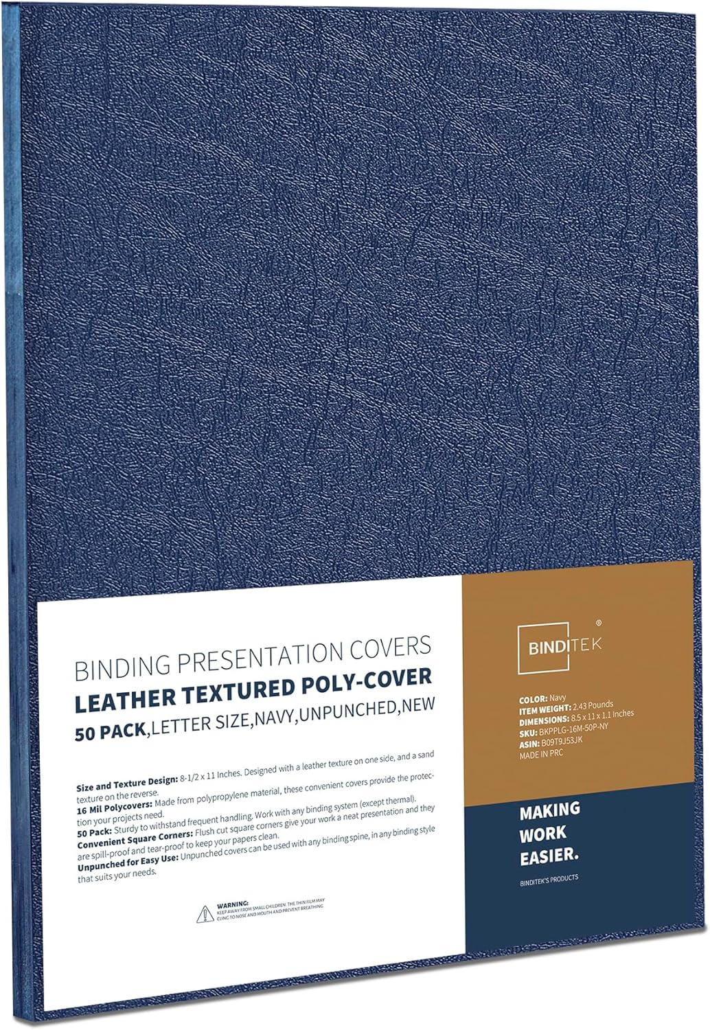 Binditek 100 Pack 16 Mil Leather-Textured Heavyduty Polycovers, Plastic Binding Presentation Covers, Letter Size, 8-1/2 x 11", Square Corners, Un-Punched, Black