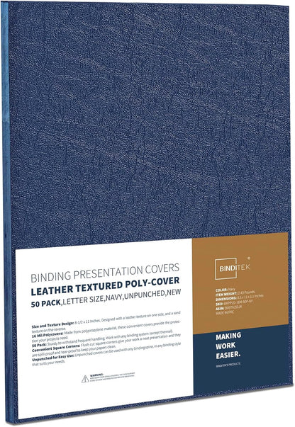 Binditek 100 Pack 16 Mil Leather-Textured Heavyduty Polycovers, Plastic Binding Presentation Covers, Letter Size, 8-1/2 x 11", Square Corners, Un-Punched, Black