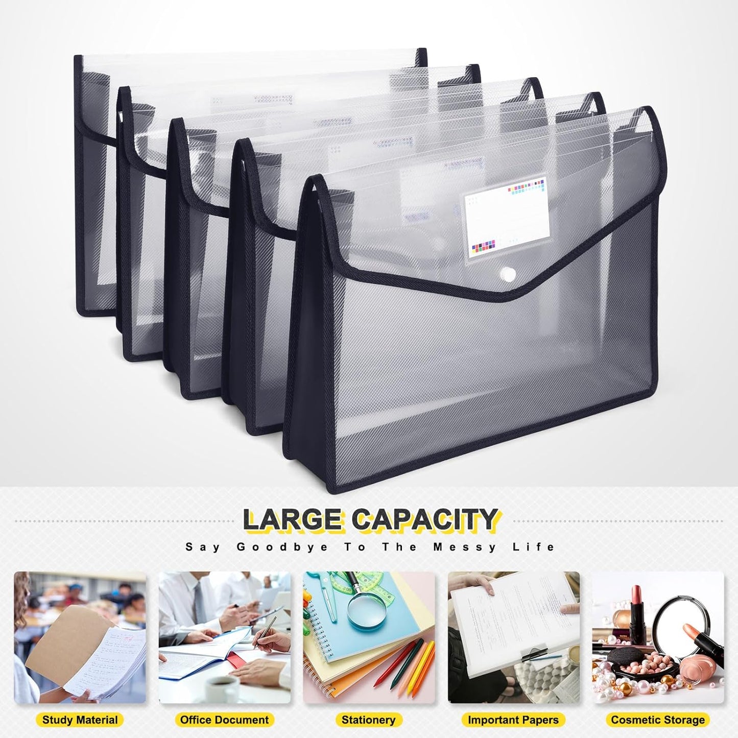 Plastic File Folders, Waterproof Transparent Expandable File Organiser, Portable Large Capacity A4B4 File Wallet for Office Business School (7 Pack)