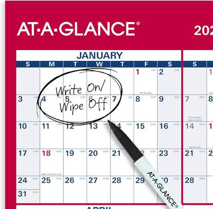 AT-A-GLANCE 2026 Erasable Calendar, Dry Erase Wall Planner, 12" x 16", Small, Vertical-Horizontal, Reversible, Compact (PM330B2826)