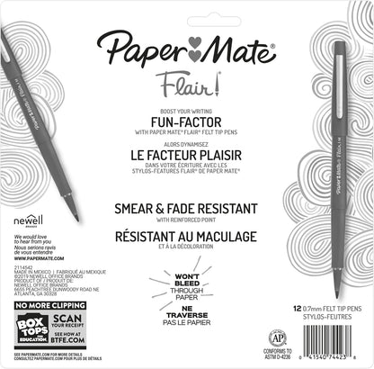 Paper Mate Flair Felt Tip Pens, Medium Point (0.7mm), 12 Count - For Arts & Crafts, Note-Taking, Journaling, School Supplies for Teachers & Students