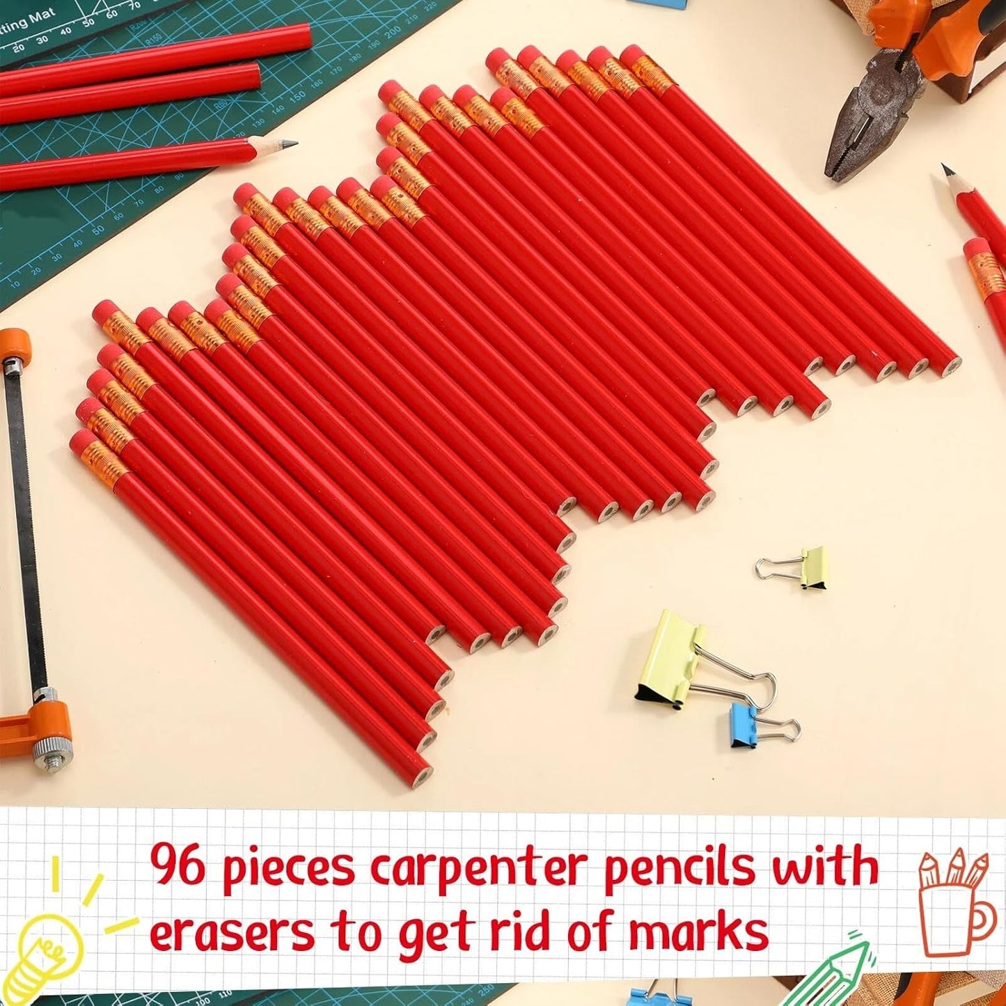 Fainne 96 Pcs Jumbo Pencil with Black Core Cedar Wooden Pencil with Eraser for Carpenters Students Teachers School Construction Woodworkers Beginners Office Workers(Red,Classic)